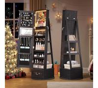 360°Swivel jewelry organizer with Full Length Mirror with Lights,Jewelry Armoire Cabinet Standing with Drawers,Large Mirror Storage for Jewelry and Makeup,Best Gift for Wife & Girls, Wood grain black