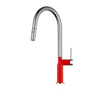 360° Swivel Kitchen Faucet Spray Head - Pull-Out Grey Sink Mixer Tap, Single Hole Swan Neck Design for Easy Cleaning and Modern Upgrade (Red)