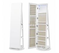 360° Swivel Lockable Mirror Jewellery Cabinet, White + Greige Lining