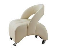 360° Swivel Rolling Stool - Leather Upholstered Mobile Coffee Table Seat with Wheels, Openwork Backrest Shoe Bench for Entryway, Comfortable Beige Footrest