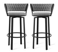 360° Swivel Velvet Bar Stools Set of 2 Modern Open-Back Dining Chairs with Woven Back and Black Footrest Stylish Kitchen Island Pub Seating Grey and Black Design