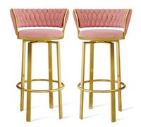 360° Swivel Velvet Bar Stools Set of 2 - Open-Back Dining Chairs with Woven Back & Gold/Black Footrest for Kitchen Island & Pub, Blue Gold Legs