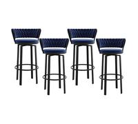 360° Velvet Swivel Bar Stools Set of 4, Counter Height Bar Chairs with Woven Back & Footrest, Black Metal Legs Bar Stools for Kitchen Island, Cafe, b (Blue Height 75cm)