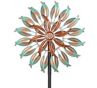 360° Wind Spinners Outdoor, Garden Wind Spinner Sculptures Windmill with Base Stand, Metal Kinetic Pinwheels for Lawn Patio Yard Art Outdoor Decor (Retro green+brown)