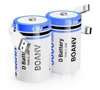 3600mAh(5400mWh) BOANV D Batteries,1.5V Rechargeable Lithium D Batterie with 2 in 1 USB-C Chrging Cable, LR20 1.5v D Size Cell Batteries for Floodlight & Toys, 2 Pack