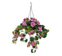 365 Blooming Decor 31.5"x 24" Artificial Hanging Pink Geranium-Lifelike Flowers with Durable Plastic Wicker Style Basket, Weather Resistant for Porch, Patio, Garden Decor, Adj. Branches, Easy Assembly