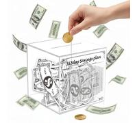 365-Day Smash Box for Money,Money Saving Box for Adults Savings Challenge,Big Unbreakable Clear Acrylic Piggy Bank Cash Saver Must Break to Open
