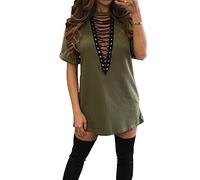 365-Shopping Summer T Shirt Dress, Women's Short Sleeve Blouse Tops Sexy Deep V Neck Lace Up Mini Dress