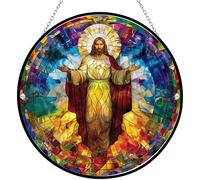 365CUSGIFTS Christ Jesus Stained Glass Cat Sun Catcher, Wall Hanging Colored Decor Room Indoor Window Decor, Halloween, Christmas Hanging Ornament