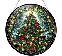 365CUSGIFTS Christmas Tree Stained Glass Window Hanging Window Suncatcher 12" Glass Panel with Metal Chain Sun Catchers Wall Art Home Decor Gift for Women Mother's Day