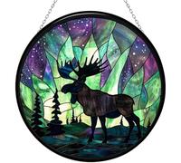 365CUSGIFTS Northern Lights Christmas Moose Stained Glass Sun Catcher, Wall Hanging Colored Decor Room Indoor Window Decor, Halloween, Christmas Hanging Ornament Mother Day