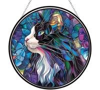 365CUSGIFTS Tuxedo Cat Stained Glass Sun Catcher Mountain Stained Glass Window Hanging, Suncatchers Lavender Wall Decor, for Women/Friends/Lover