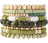 366DAYS Surfer Heishi Clay Bead Bracelets for Women Bohemian Stackable Gold Beaded Stretch Bracelets Elastic Layering Friendship Bracelets Set Boho Jewelry (X-Olive Green Set)