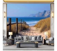 368 x 254 cm Photo Wallpaper Natural Beach Wooden Fence - Premium Non-Woven Decorative Wall Mural Poster, Sky Blue Wall Mural Wallpaper for Bedroom Children's Room Living Room, Home Decoration