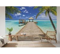 Komar Photo Wallpaper Wall Mural - Sea Ocean Beach Pier Palms Blue - 368 x 254 cm (8-piece)
