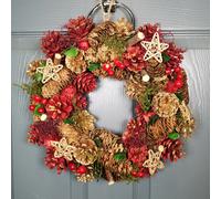 36cm Christmas Wreath in Gold & Red with Pine Cones and Berries