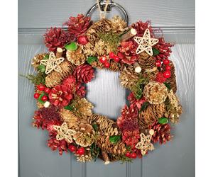 36cm Christmas Wreath in Gold & Red with Pine Cones and Berries