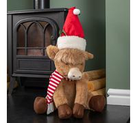36cm Tall Plush Sitting Christmas Highland Boy Cow with Santa Hat