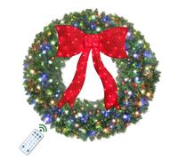 36in Pre-Lit Christmas Wreath with Bow - 150 Colorful LED Lights, 310 PVC Tips, Timer, Remote, Large Outdoor Holiday Decor for Front Door, Wall, Garage, Power Plug-in