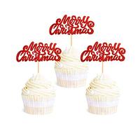 36pc Merry Christmas Cupcake Toppers - Red Christmas Cake Toppers Toothpick Flags for Cake Decorations & Party Supplies