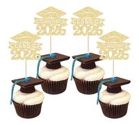 36Pcs 2026 Graduation Cap Cupcake Toppers Glitter Class of 2026 Cupcake Grad Cap Picks Decorations for 2026 Graduation Theme Party Supplies Gold