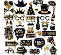 36PCS Black Gold Photo Booth Props Kit,Party Accessories for Birthday Wedding Christmas Halloween,Graduation Decor, Selfie Signs, Moustache, Hats & Crowns - Funny Photobooth Supplies for Adults/Kids