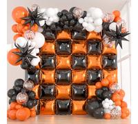 36pcs Black & Orange Double Sided Foil Square Balloons Wall (9.5 x 9.5ft) with 138 Black White Orange Confetti Balloons Arch Kit (18/12/10/5inch) for Birthday, Graduation, Halloween