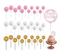 36PCS Cake Ball Plugin and 1 Birthday Topper, Cake Toppers, Pearl Foam Balls, DIY Cake Toppers for Baking Decorations, Birthday Party (Golden Pink White)