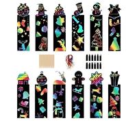 36Pcs Christmas Scratch Art Bookmarks for Kids - Festive DIY Craft Kits with Wooden Stylus & Ribbons, Perfect Christmas/Halloween Stocking Fillers, Classroom Gifts for Boys Girls Toddlers