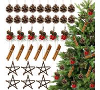 36Pcs Christmas Tree Decorations Natural Pine Cones Christmas Rustic Ornaments Cinnamon Sticks Wooden Star Framhouse Christmas Hanging Ornament for Christmas Tree DIY Home Wedding Decor