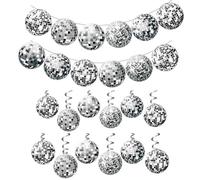 36pcs Disco Ball Decorations, Disco Party Decorations with Banner, 70s Hanging Silver Swirls Ribbon Ceiling Decorations for Christmas Tree Wedding Dance Music Stage, Retro Disco Fever Party