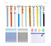 36PCS Erasable Gel Pens Set, 11 Animal Pens with 0.5mm Refills | Rub Out Pens With 20 Blue/Black Refills, 4 Erasers And A6 PVC Zip Bag For School, Office, Notes And Doodling
