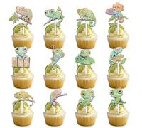 36Pcs Glitter Green Swamp Tropical Lizard Dessert Cupcake Topper Reptile Animals Safari Jungle Theme Decoration Happy Birthday Party Decor for Girl Boy Favour Supplies Set