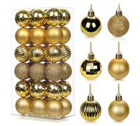 36Pcs Gold Baubles for Christmas Tree, 4cm Mini Shatterproof Plastic Christmas Balls Ornaments with Strings, 6 Design Xmas Baubles Hanging Balls for Indoor Outdoor Xmas Holiday Wedding Party Decor