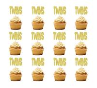 36Pcs Golden Glitter Twins Cupcake Toppers, Double Baby Shower Party Decorations for Kids, Gender Reveal Gold Glitter Cupcake for Kids Birthday Supplies