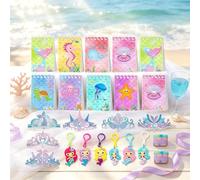 36PCS Mermaid Party Bags Fillers Crowns Keychains Wristbands Mini Notebooks | Mermaid Birthday Decorations for Under The Sea Birthday Shower Hen Party Supplies