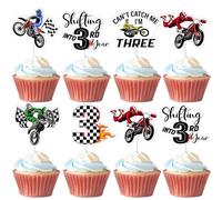 36pcs Motorcycle 3rd Birthday Cupcake Toppers Dirt Bike Third Birthday Decorations Can't Catch Me I'm Three Cake Decors Motocross Motorcycle Motorbike Racing Extreme Sports Rider Bday Party Supplies