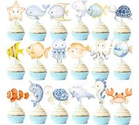 36pcs Ocean Themed Cupcake Toppers, 18 Designs Cupcake Decorations Supplies, Adorable Ocean Animals Cake Decorations, Under the Sea for Kids Boys Gilrs First Birthday Baby Shower Party