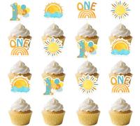 36Pcs One Happy Boy Cupcake Toppers Little Sunshine 1st Birthday Decorations Boho First Trip Around the Sun Cupcake Topper Blue for Boys Groovy One Sun Themed First Birthday Party Decor Supplies