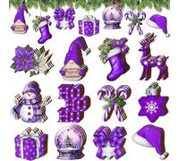 36Pcs Pink Christmas Tree Ornaments, Colorful Wooden Hanging Decorations with Santa, Snowman, Tree, Candy Designs for Christmas and Home (Purple, 36Pcs)