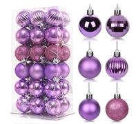 36Pcs Purple Baubles for Christmas Tree, 4cm Mini Shatterproof Plastic Christmas Balls Ornaments with Strings,6 Design Xmas Baubles Hanging Balls for Xmas New Yew Wedding Holiday Party Decor