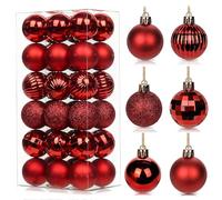 36Pcs Red Baubles for Christmas Tree, 4cm Mini Shatterproof Plastic Christmas Balls Ornaments with Strings, 6 Design Xmas Baubles Hanging Balls for Indoor Outdoor Xmas Holiday Wedding Party Decor