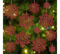 36pcs Red Christmas Snowflake Ornaments, Plastic Glitter Hanging Snow Flakes for Christmas Tree Decorations Winter Wonderland Frozen Birthday Party Holiday Home Decor Craft Snowflakes