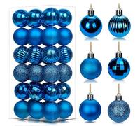 36Pcs Royal Blue Baubles for Christmas Tree, 4cm Mini Shatterproof Plastic Christmas Balls Ornaments with Strings, 6 Design Xmas Baubles Hanging Balls for Indoor Outdoor Xmas New Year Party Decor