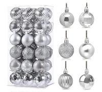 36Pcs Silvery Baubles for Christmas Tree,3cm Mini Shatterproof Plastic Christmas Balls Ornaments with Strings,6 Design Xmas Baubles Hanging Balls for Xmas New Yew Wedding Holiday Party Decor