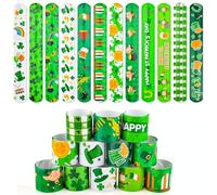 36PCS St Patricks Day Decorations Slap Bracelets Bright Green Lucky Shamrock Designs Rainbows, Leprechauns St Patricks Day Wristband Irish Party Supplies Shamrock Decoration Bar Holiday Accessories