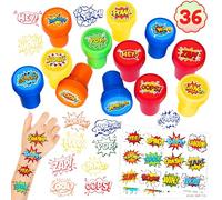 36PCS Superhero Party Favors - 24PCS Temporary Tattoos & 12PCS Stamps - Ideal Hero Themed Birthday Card Decorations Supplies Goodie Bag Cute Rewards for Boys Girls Classroom Gifts Baby Shower Prizes