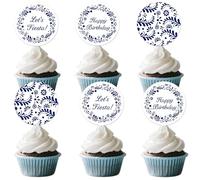 36Pcs Talavera Cupcake Toppers Blue and White Papel Picado Happy Birthday Cupcake Picks Mexican Fiesta Cake Decorations for Kids Adults Birthday Party Cinco De Mayo Fiesta