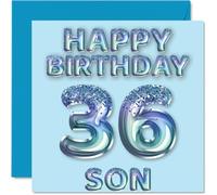 36th Birthday Card for Son - Blue Glitter Party Balloons - Happy Birthday Cards for 36 Year Old Son from Mum Dad Parents, 145mm Bday Greeting Cards Gift