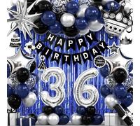 36th Birthday Decorations for Men and Women, Black Blue Silver Happy Birthday Number 36 Balloons, Banner, Fringe Curtains Garland Kit - 36 Year Old Party Supplies